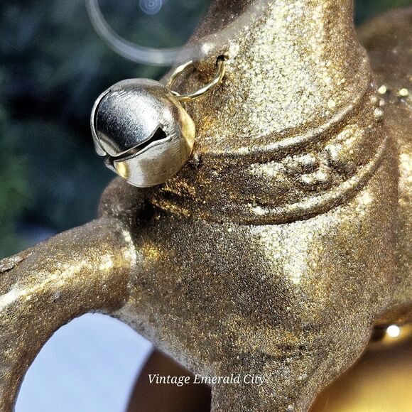 Vintage Golden Ready Reindeer On Glass Ball Christmas Tree Ornament W Bell 3d - Picture 5 of 14